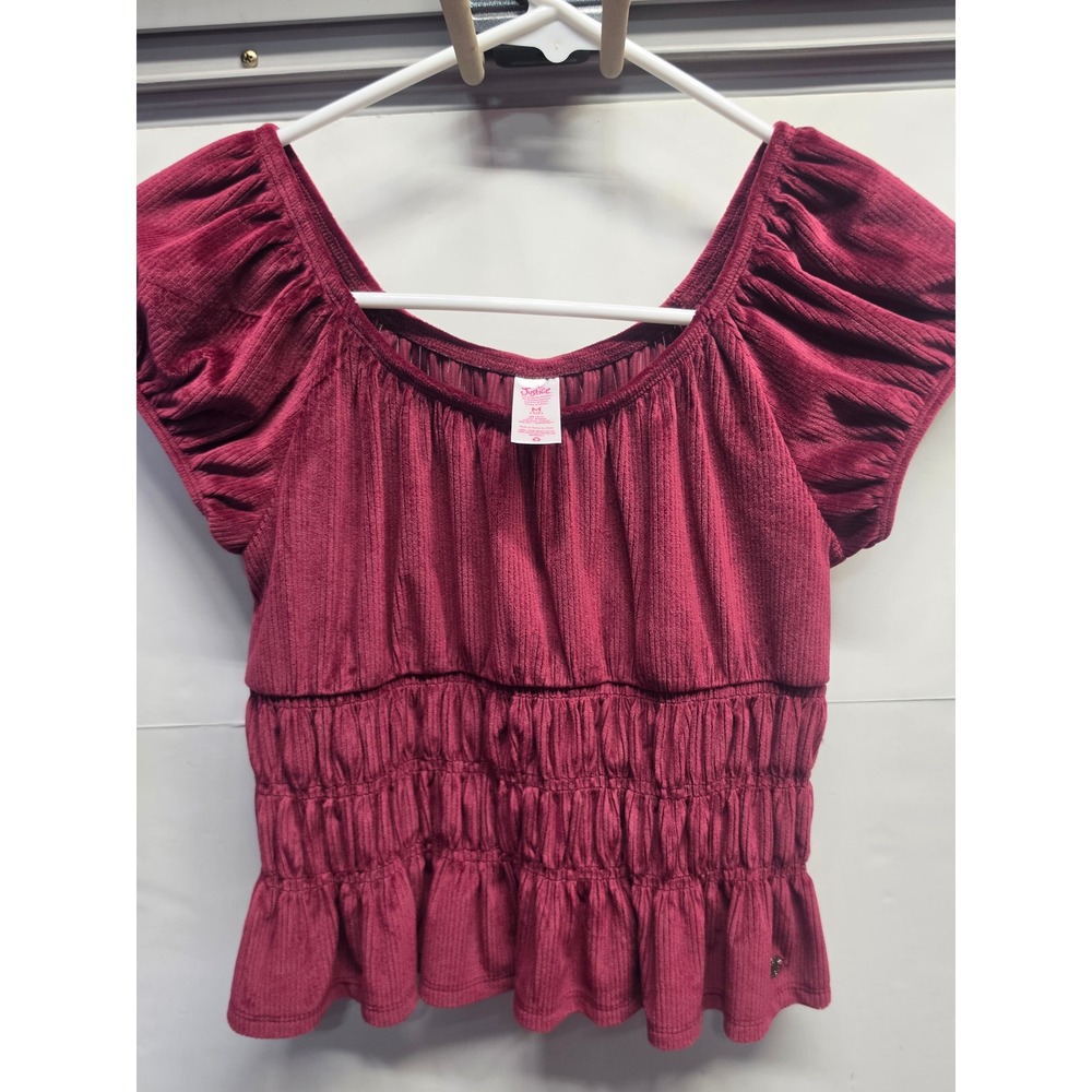 Justice Girls Burgundy Ribbed Velour Smocked Peplum Top Size M 10 Short Sleeve